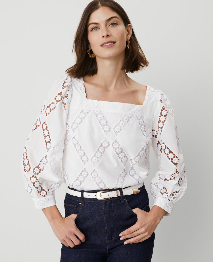 Ann Taylor Embroidered Square Neck Blouse White Women's