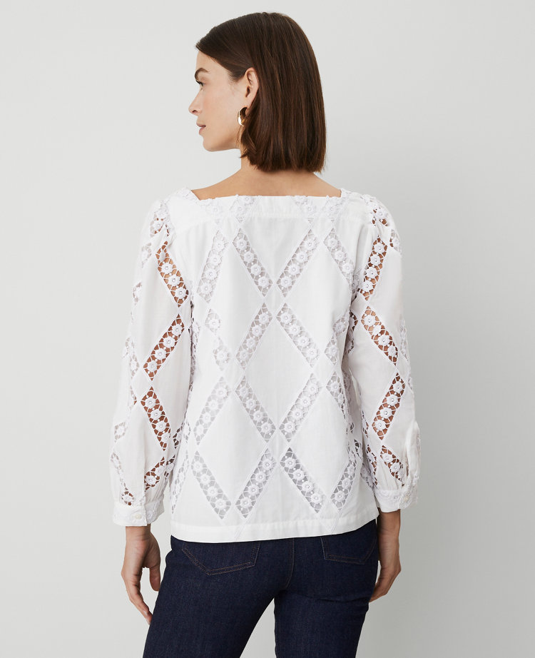 Ann Taylor Embroidered Square Neck Blouse White Women's