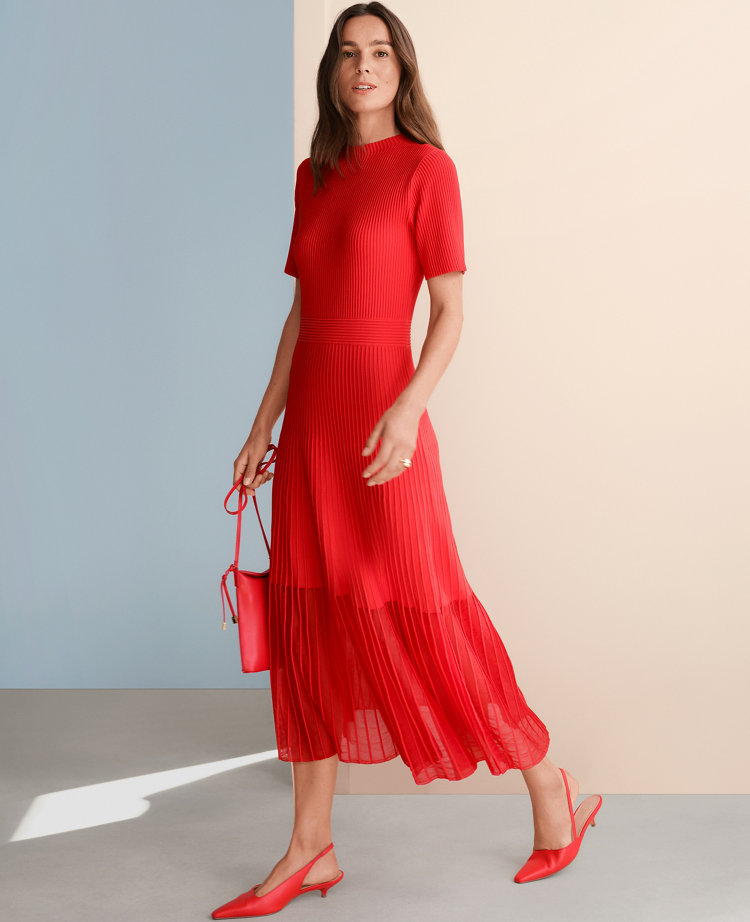 Petite Mock Neck Mixed Media Midi Dress