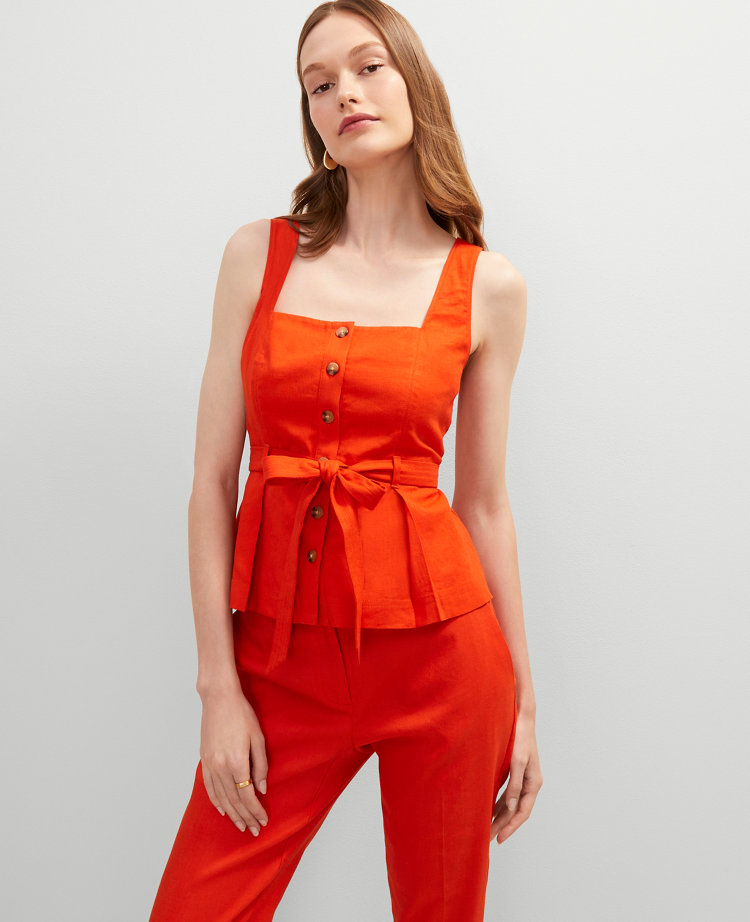 Linen Blend Button Tie Waist Top