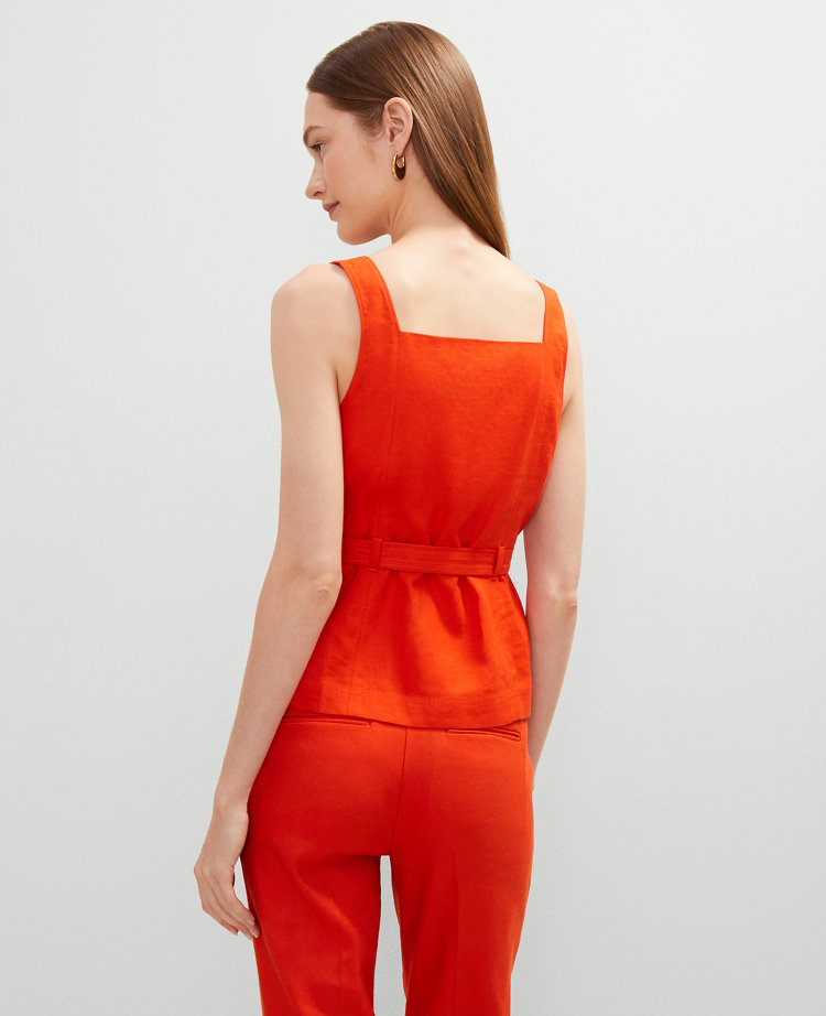 Linen Blend Button Tie Waist Top