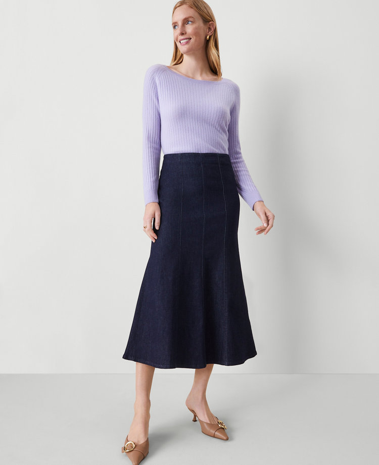 Petite Denim Trumpet Midi Skirt