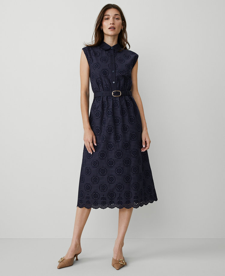 Petite Eyelet Collared Column Midi Dress