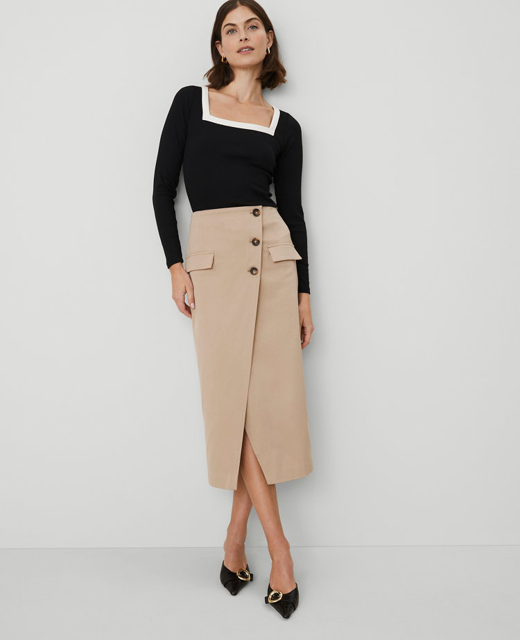 Ann Taylor Petite Button Wrap Pocket Skirt Cappuccino Tan Women's