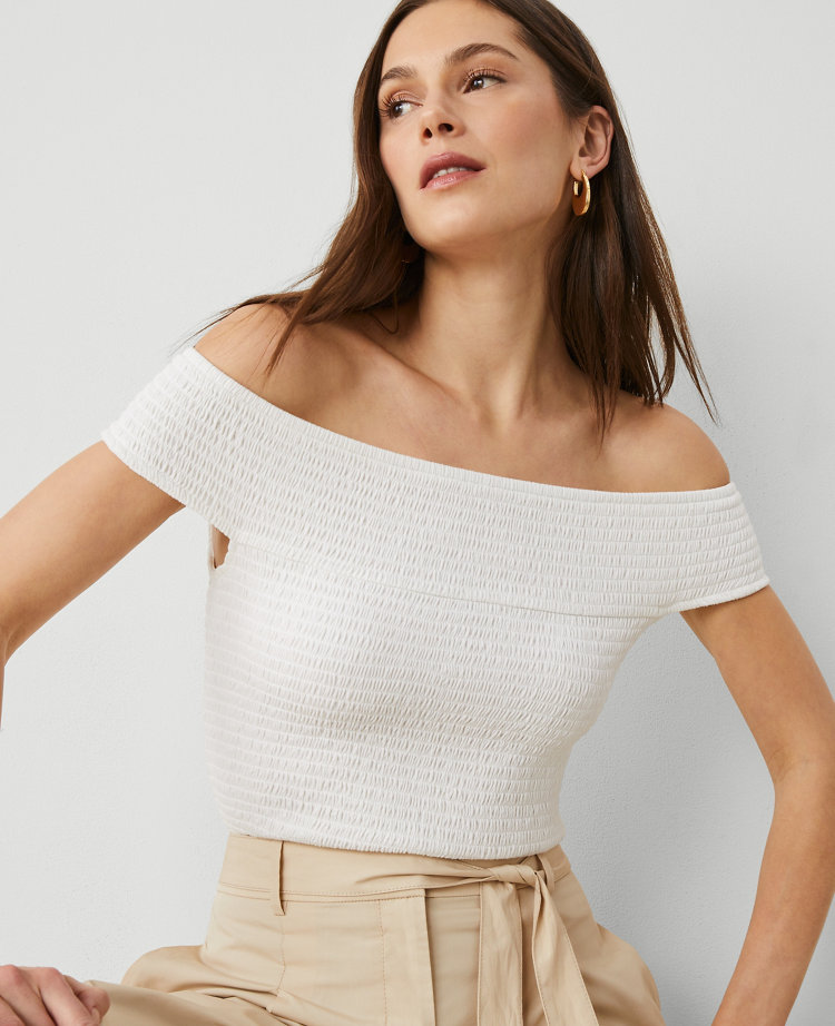 Ann Taylor Petite Smocked Off-the-shoulder Top In White