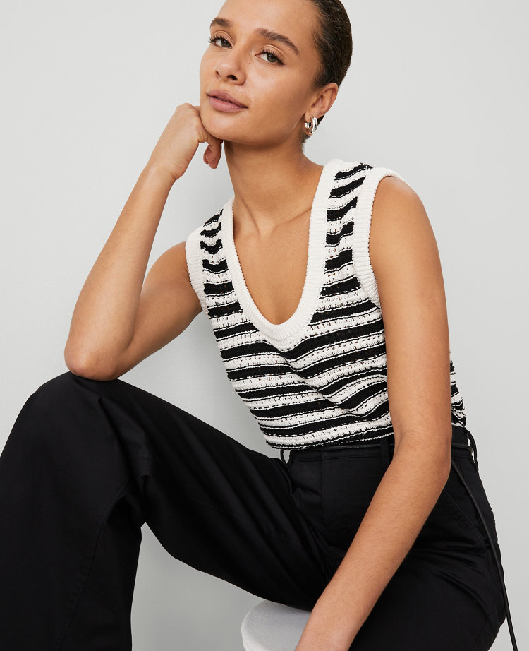 Petite Weekend Collection Striped Open-Stitch Sweater Shell