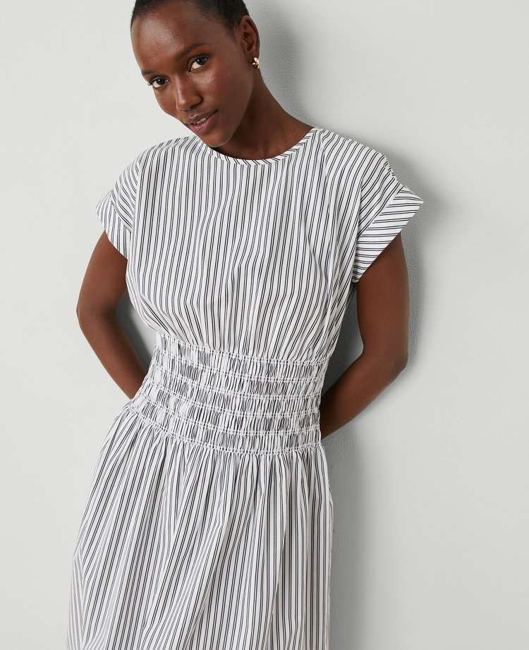 Petite Striped Smocked-Waist Midi Flare Dress