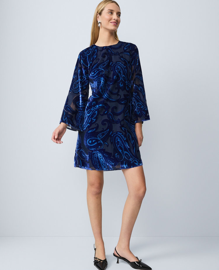 Ann Taylor Studio Collection Velvet Paisley Shift Dress In Blue