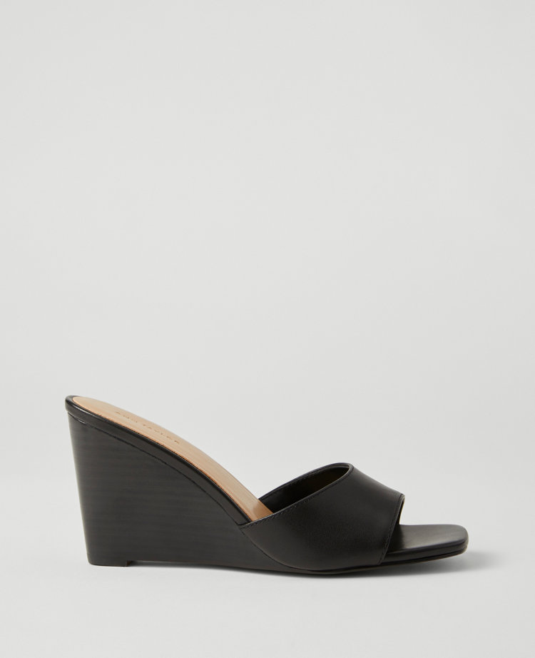 Leather Skinny Strap Leather Wedge Mules - Black