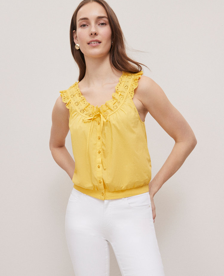 Petite Weekend Collection Eyelet Tie Neck Top