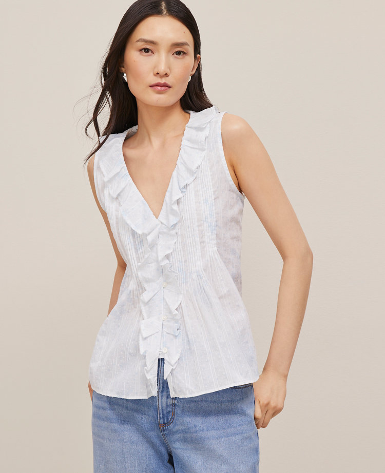 Ann Taylor Floral Pintucked Ruffle Sleeveless Top Zephyr Blue Women's