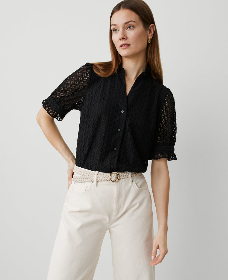 Ann Taylor Lace Ruffle Collar Blouse Black Women's