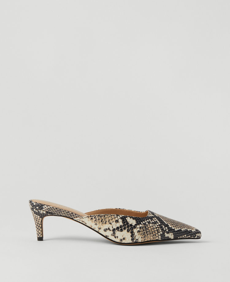 Snake Print Nip Toe Kitten Heel Mule Pumps