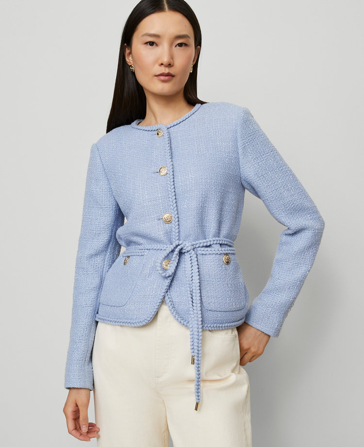 Belted Tweed Crew Neck Jacket