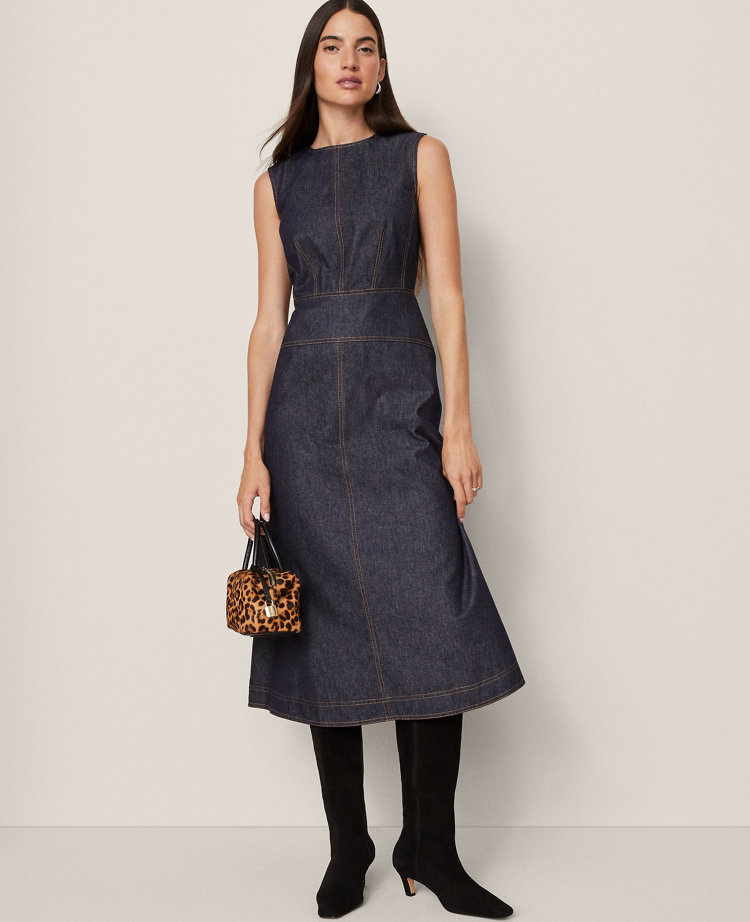 Ann Taylor Weekend Collection Crew Neck Flare Midi Dress In Purple