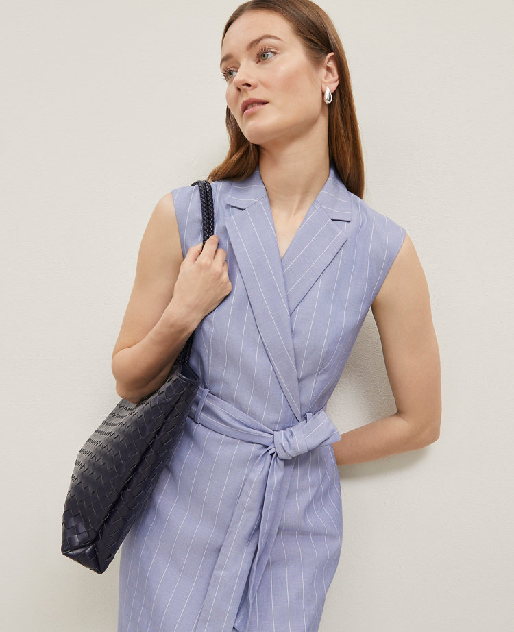 The Petite Belted Blazer Wrap Dress in Pinstripe