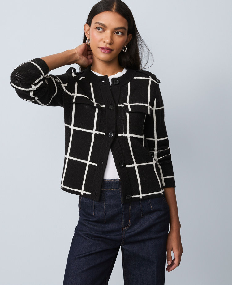 Ann Taylor Windowpane Utility Sweater Jacket In Black