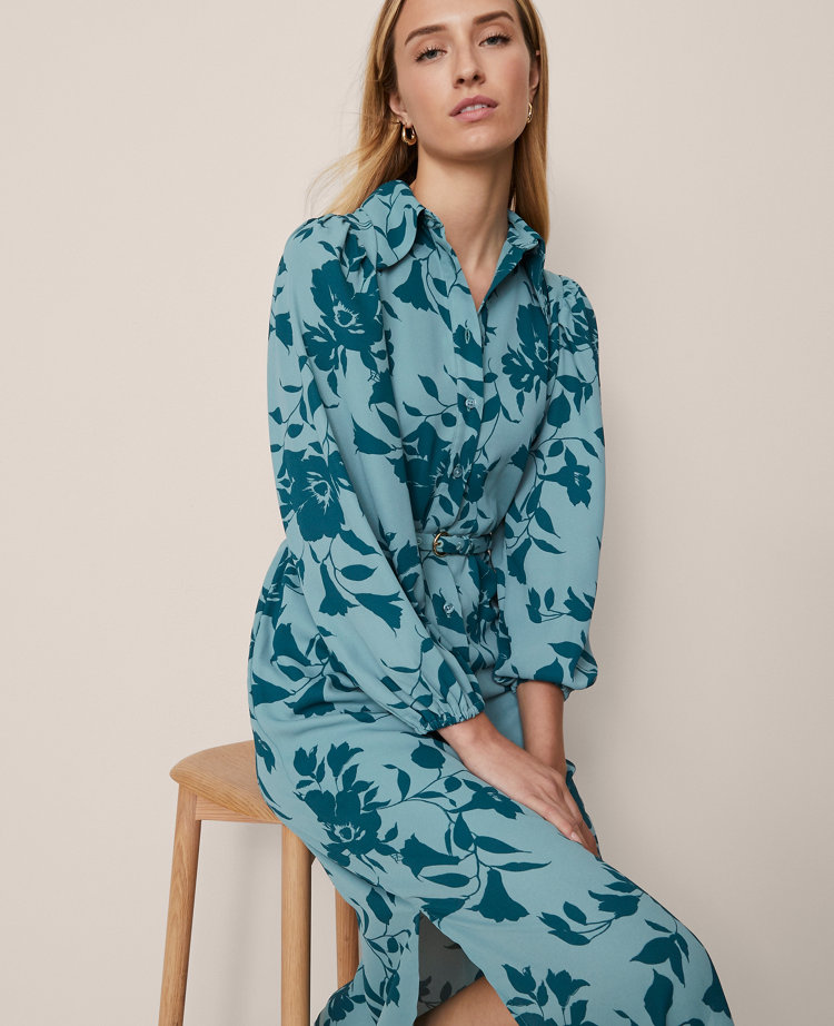 Ann Taylor Floral Belted Midi Shirtdress Deep Atlantic Teal Women's