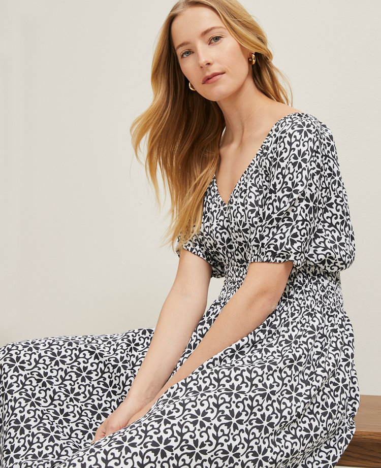Petite Floral Smocked Puff Sleeve Dress