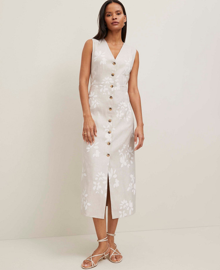Petite Floral Linen Blend V-Neck Shirtdress