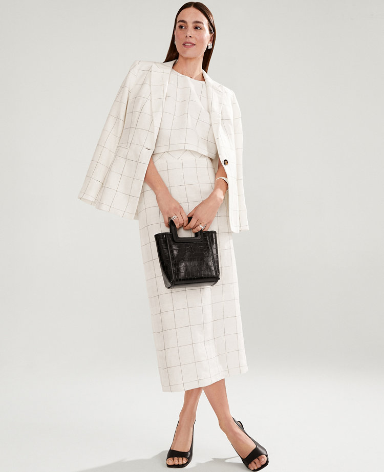 The Petite Clean Midi Skirt in Windowpane Linen Blend