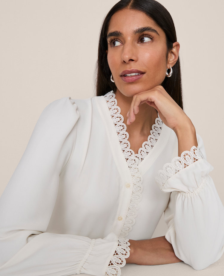 Ann Taylor Lace Ruffle Trim Blouse In White