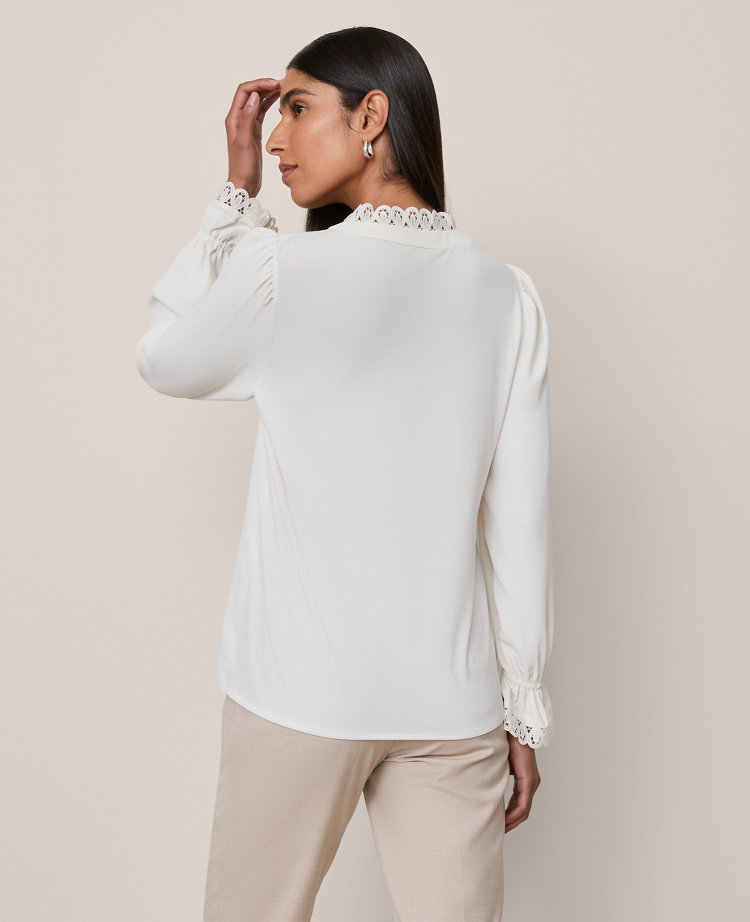 Ann Taylor Lace Ruffle Trim Blouse In White
