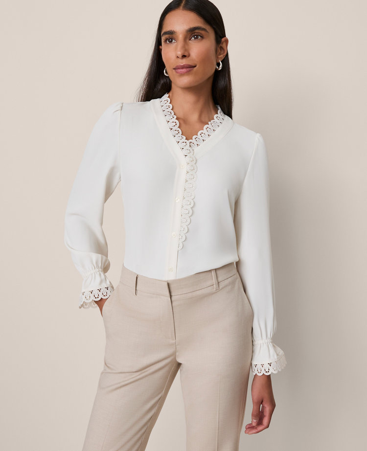 Ann Taylor Lace Ruffle Trim Blouse In White