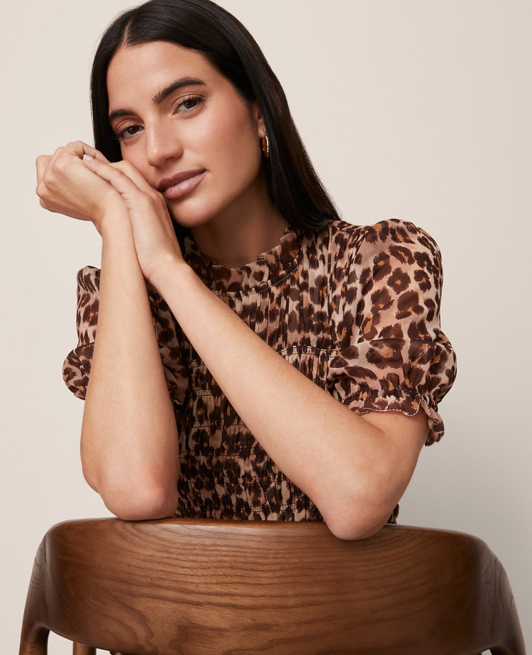 Ann Taylor Animal Print Smocked Ruffled Top Pale Sandalwood Women's