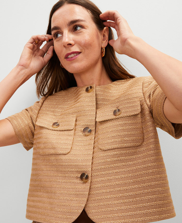 Petite Metallic Tweed Puff Sleeve Jacket