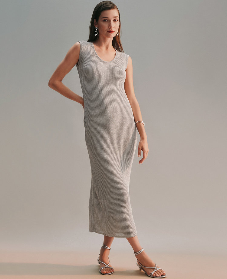 Ann Taylor Petite Scoop Neck Lurex Dress Silver Metallic Women's