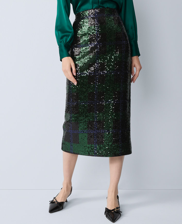 Ann Taylor Sequin Plaid Column Midi Skirt In Black