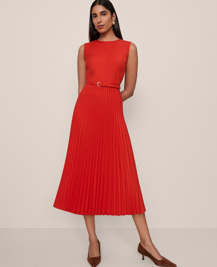 Petite Belted Pleated Midi Dress
