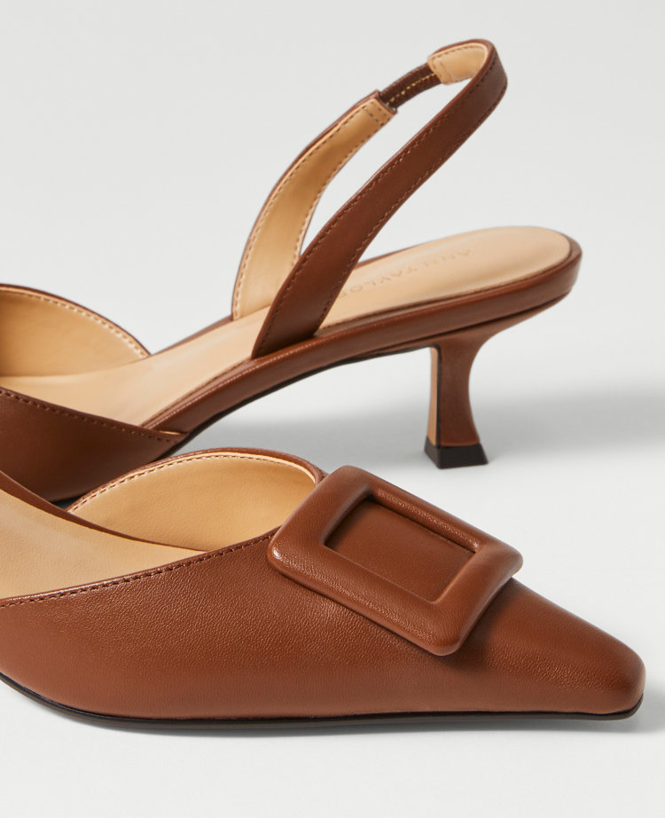 Pointy Toe Buckle Leather Slingback Pumps