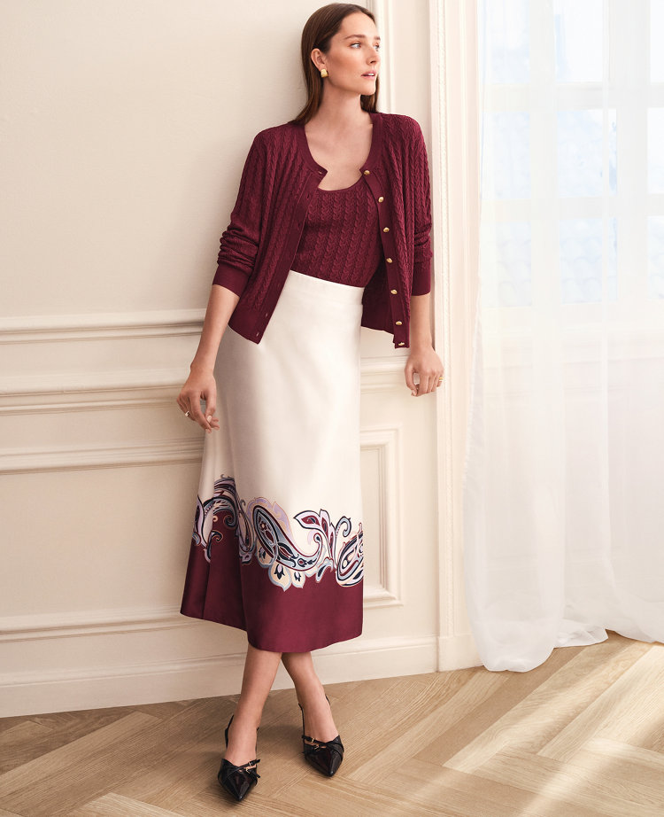 Petite Paisley Satin Midi Skirt