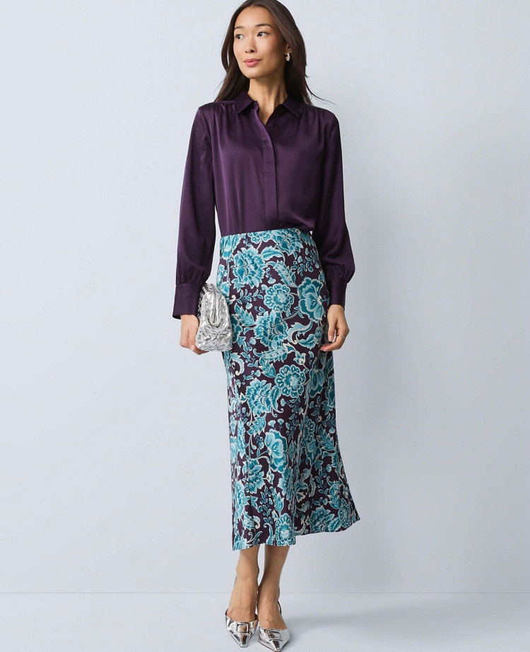 Floral Satin Midi Slip Skirt