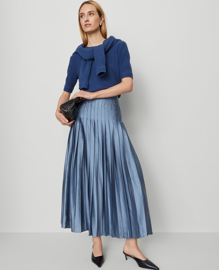 Petite Satin Pleated Midi Skirt