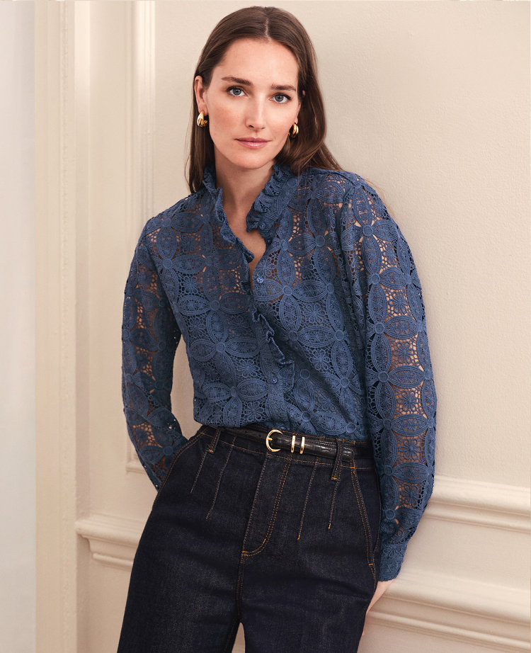 Petite Ruffle Collar Lace Blouse