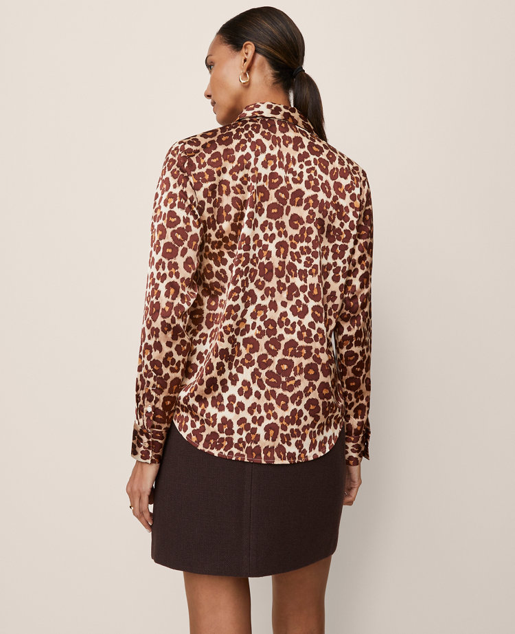 Petite Animal Print Satin Button Down Shirt