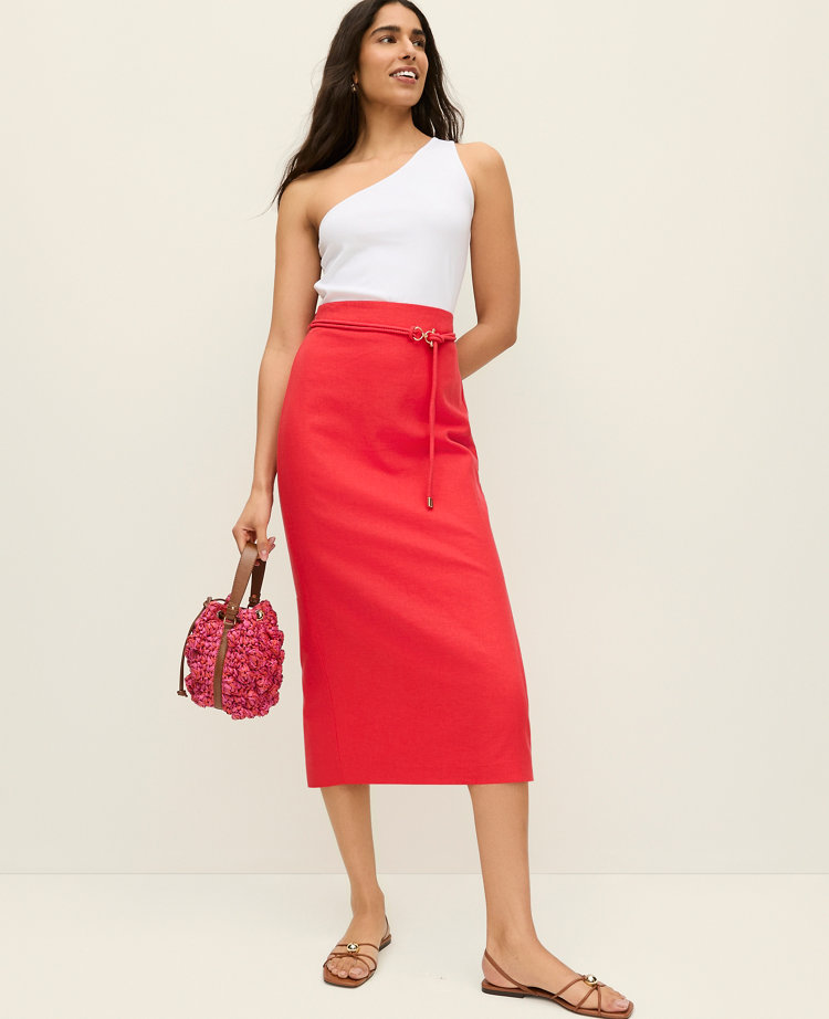 Belted Midi Pencil Skirt in Linen Blend