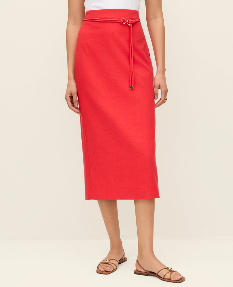 Belted Midi Pencil Skirt in Linen Blend