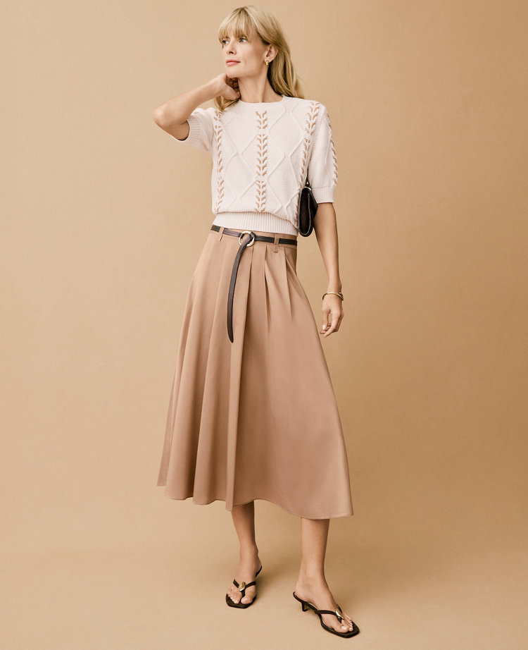 Belted Pleated Midi Skirt