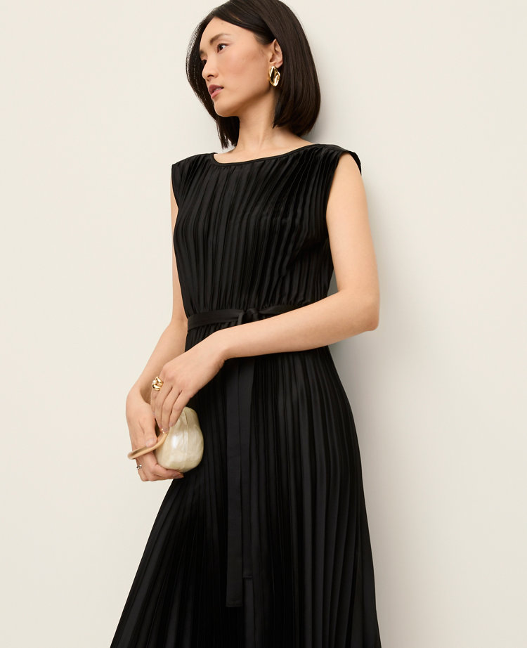 Pleated Satin Midi Dress
