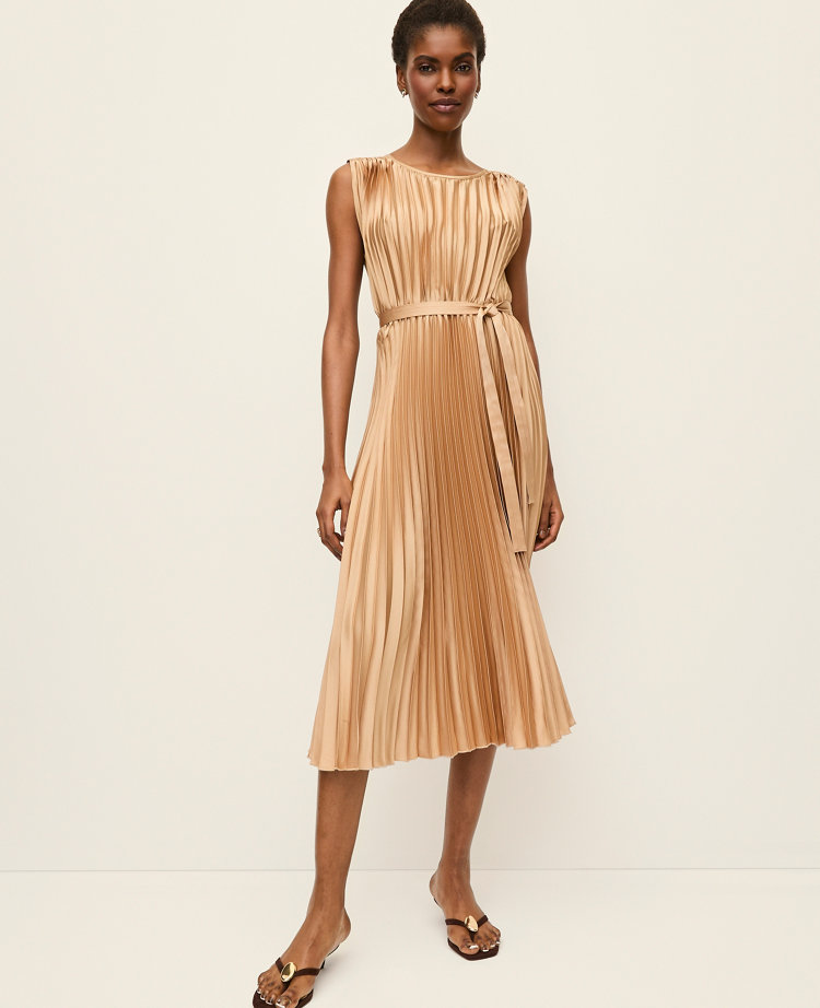 Pleated Satin Midi Dress