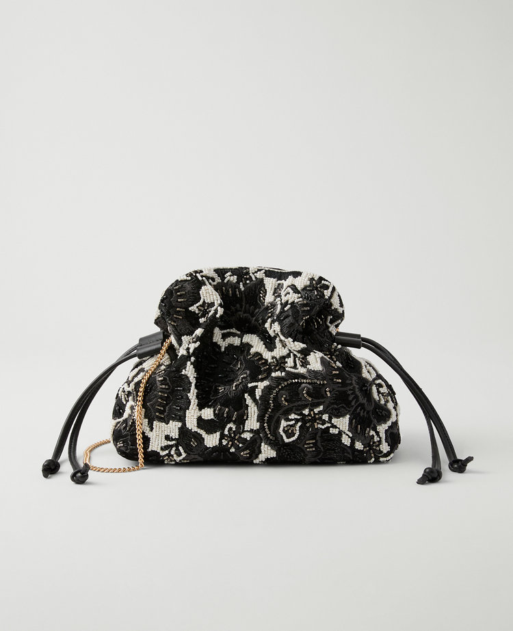 Ann Taylor Beaded Mini Drawstring Clutch In Black