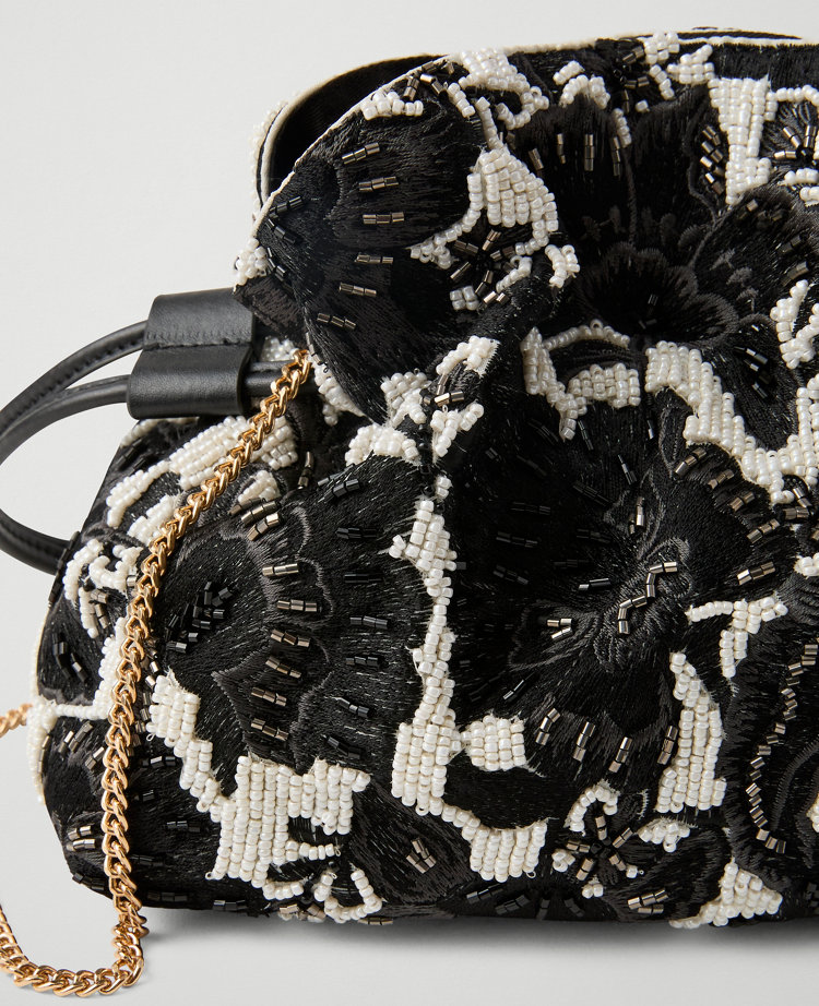 Ann Taylor Beaded Mini Drawstring Clutch In Black