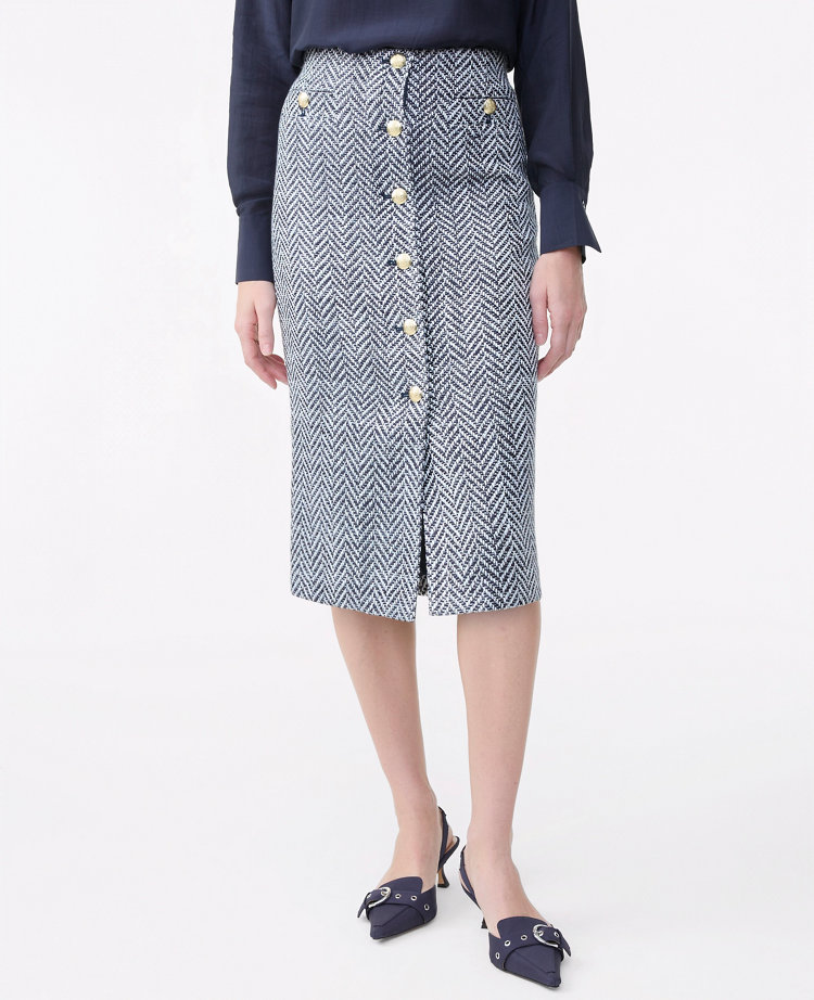 Ann Taylor Tweed Button Front Pencil Skirt Speckled Navy/White Women's