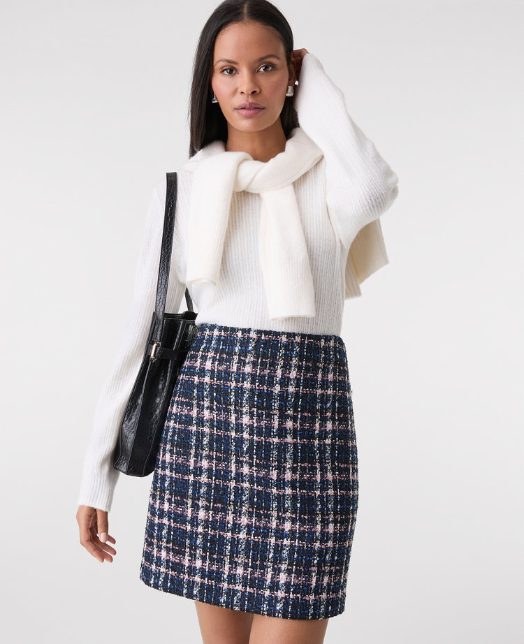 Plaid Tweed A-Line Skirt