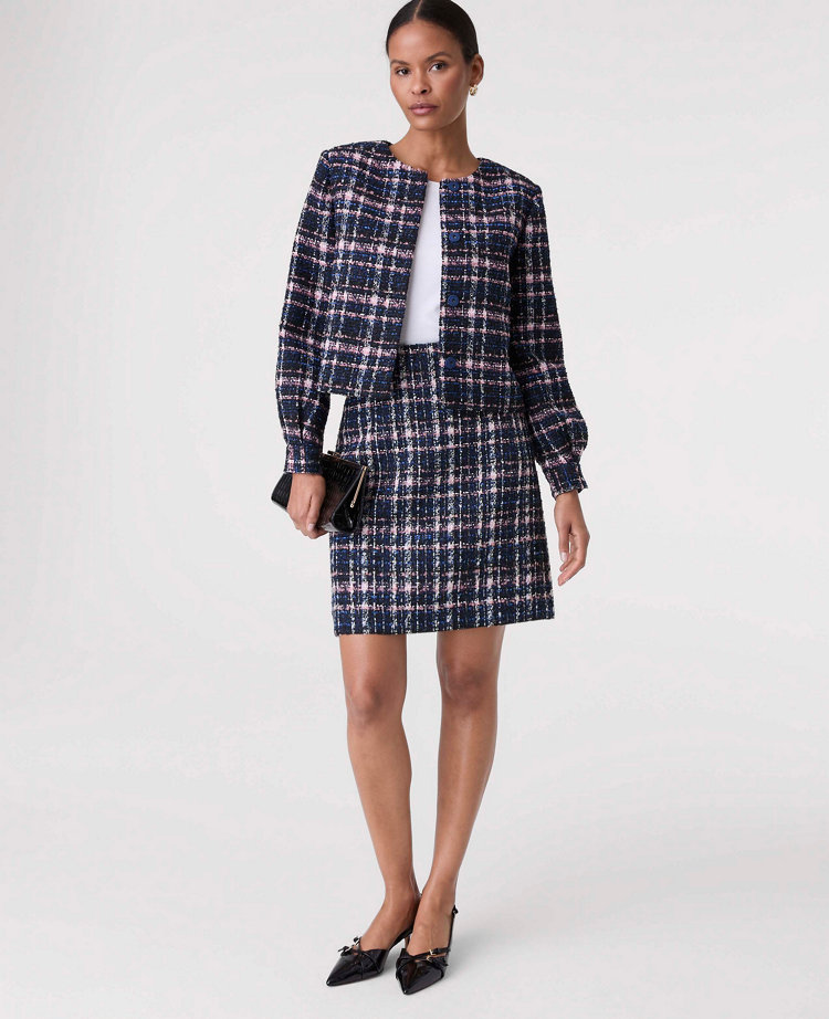 Plaid Tweed A-Line Skirt