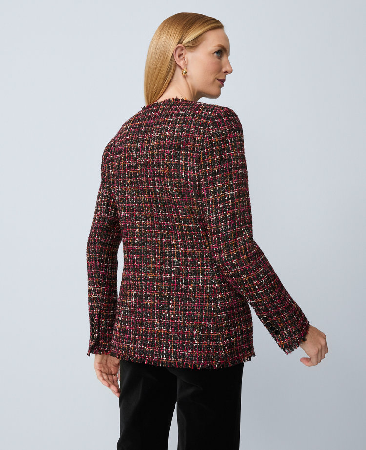 The Petite Long V-Neck Jacket in Tweed